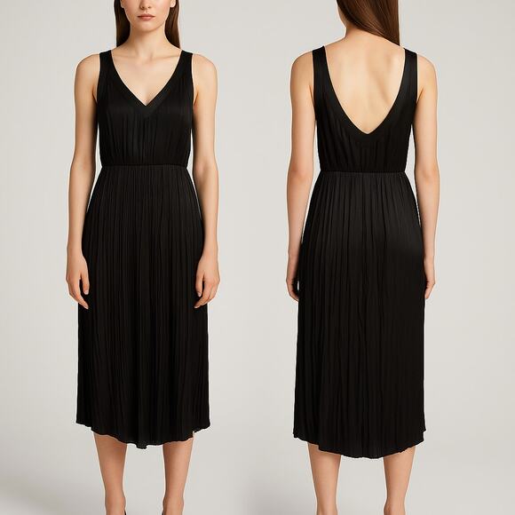AllSaints Black Pleated Midi Dress Size Medium Sleeveless Satin Trim V-Neck - Picture 1 of 5